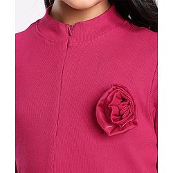 Pine Kids Cotton Half Sleeves Rib and Organza Frock with Zipper Opening and Rose Corsage - Maroon
