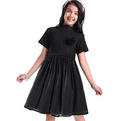 Pine Kids Cotton Half Sleeves Rib and Organza Frock with Zipper Opening and Rose Corsage - Black