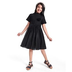 Pine Kids Cotton Half Sleeves Rib and Organza Frock with Zipper Opening and Rose Corsage - Black