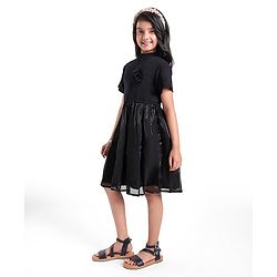 Pine Kids Cotton Half Sleeves Rib and Organza Frock with Zipper Opening and Rose Corsage - Black