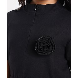 Pine Kids Cotton Half Sleeves Rib and Organza Frock with Zipper Opening and Rose Corsage - Black