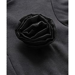 Pine Kids Cotton Half Sleeves Rib and Organza Frock with Zipper Opening and Rose Corsage - Black