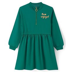 Pine Kids Cotton Knit Full Sleeves Winter Frock with HD Text Print - Green