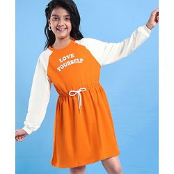 Pine Kids Cotton Knit Full Raglan Sleeves Winter Frock with Text Print - Permission Orange