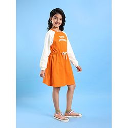 Pine Kids Cotton Knit Full Raglan Sleeves Winter Frock with Text Print - Permission Orange