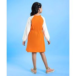 Pine Kids Cotton Knit Full Raglan Sleeves Winter Frock with Text Print - Permission Orange