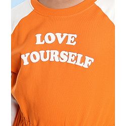 Pine Kids Cotton Knit Full Raglan Sleeves Winter Frock with Text Print - Permission Orange