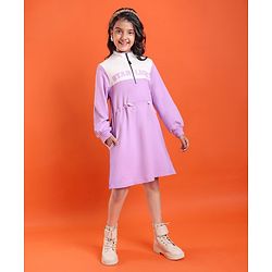 Pine Kids Cotton Knit Full Sleeves Winter Frock with Text Print - Lavender