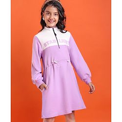 Pine Kids Cotton Knit Full Sleeves Winter Frock with Text Print - Lavender