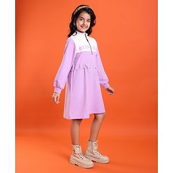 Pine Kids Cotton Knit Full Sleeves Winter Frock with Text Print - Lavender