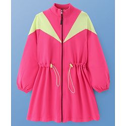 Pine Kids Cotton Knit Full Sleeves Front Open Winter Frock - Pink