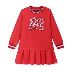 Pine Kids Cotton Knit Full Sleeves Winter Frock with Text Print - Red