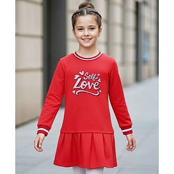 Pine Kids Cotton Knit Full Sleeves Winter Frock with Text Print - Red