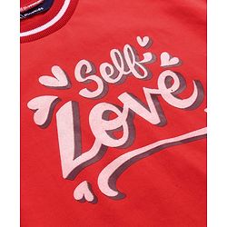 Pine Kids Cotton Knit Full Sleeves Winter Frock with Text Print - Red