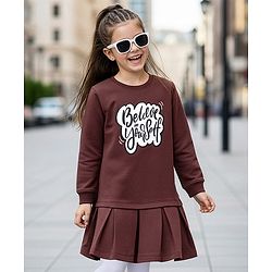 Pine Kids Cotton Knit Full Sleeves Winterwear Frock With Text Print - Brown