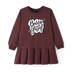 Pine Kids Cotton Knit Full Sleeves Winterwear Frock With Text Print - Brown