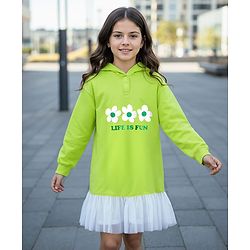 Pine Kids Cotton Knit Full Drop Shoulder Sleeves  Winter Frock With Floral Print - Lime Green