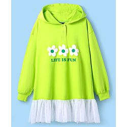 Pine Kids Cotton Knit Full Drop Shoulder Sleeves  Winter Frock With Floral Print - Lime Green