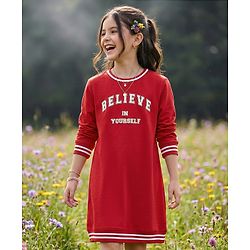 Pine Kids Cotton Knit Full Sleeves Sweatshirt Dress With Text Print - Red