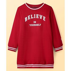Pine Kids Cotton Knit Full Sleeves Sweatshirt Dress With Text Print - Red