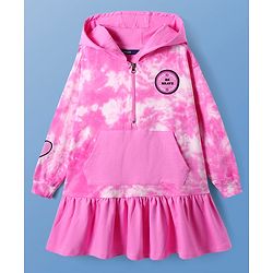 Pine Kids Cotton Knit Full Sleeves Hooded Winter Frock With Text Patch & Kangaroo Pockets - Dark Pink