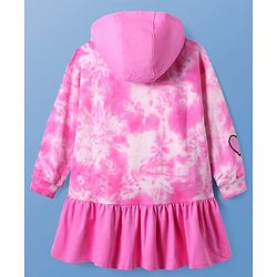 Pine Kids Cotton Knit Full Sleeves Hooded Winter Frock With Text Patch & Kangaroo Pockets - Dark Pink