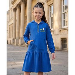 Pine Kids Cotton Knit Full Sleeves Hooded Sweatshirt Dress With Text Print & Kangaroo Pockets - Blue