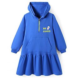 Pine Kids Cotton Knit Full Sleeves Hooded Sweatshirt Dress With Text Print & Kangaroo Pockets - Blue