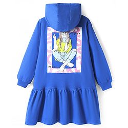 Pine Kids Cotton Knit Full Sleeves Hooded Sweatshirt Dress With Text Print & Kangaroo Pockets - Blue