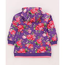 Pine Kids Cotton Knit Full Sleeves Floral Printed Hooded Front Open Sweatshirt Dress  with Kangaroo Pocket- Pink & Purple