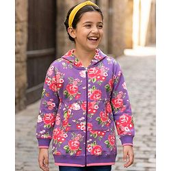 Pine Kids Cotton Knit Full Sleeves Floral Printed Hooded Front Open Sweatshirt Dress  with Kangaroo Pocket- Pink & Purple