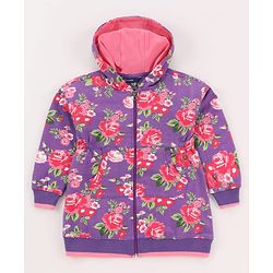 Pine Kids Cotton Knit Full Sleeves Floral Printed Hooded Front Open Sweatshirt Dress  with Kangaroo Pocket- Pink & Purple