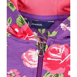 Pine Kids Cotton Knit Full Sleeves Floral Printed Hooded Front Open Sweatshirt Dress  with Kangaroo Pocket- Pink & Purple