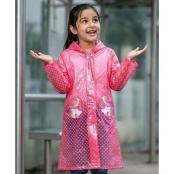 Pine Kids Full Sleeves Hooded Raincoat Polka Dots Print & Unicorn Patch Detailing - Pink