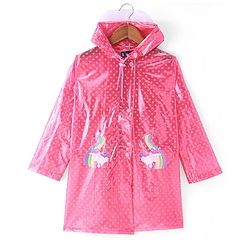 Pine Kids Full Sleeves Hooded Raincoat Polka Dots Print & Unicorn Patch Detailing - Pink