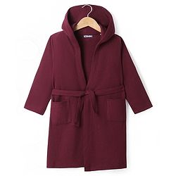 Pine Kids Knit Fill Sleeves Solid Colour Hooded Bath Robe with Pockets - Maroon