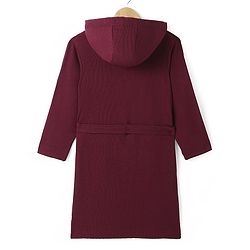 Pine Kids Knit Fill Sleeves Solid Colour Hooded Bath Robe with Pockets - Maroon