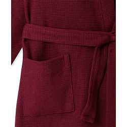 Pine Kids Knit Fill Sleeves Solid Colour Hooded Bath Robe with Pockets - Maroon