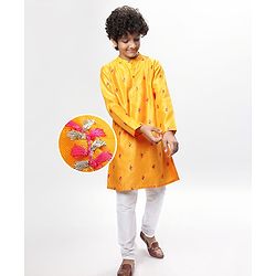 Pine Kids Woven Full Sleeves Embroidered Kurta Pyjama Set - Yellow