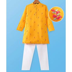 Pine Kids Woven Full Sleeves Embroidered Kurta Pyjama Set - Yellow