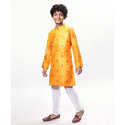 Pine Kids Woven Full Sleeves Embroidered Kurta Pyjama Set - Yellow