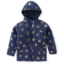 Pine Kids Woven Full Sleeves Front Open Padded Hooded Jacket with Foil Star Print - Navy Blue