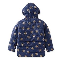 Pine Kids Woven Full Sleeves Front Open Padded Hooded Jacket with Foil Star Print - Navy Blue