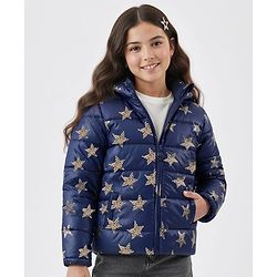 Pine Kids Woven Full Sleeves Front Open Padded Hooded Jacket with Foil Star Print - Navy Blue