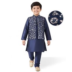Pine Kids Woven Full Sleeves Solid Color Kurta Pajama Set With Floral Sequinned Jacket  - Navy Blue