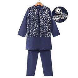 Pine Kids Woven Full Sleeves Solid Color Kurta Pajama Set With Floral Sequinned Jacket  - Navy Blue