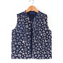 Pine Kids Woven Full Sleeves Solid Color Kurta Pajama Set With Floral Sequinned Jacket  - Navy Blue