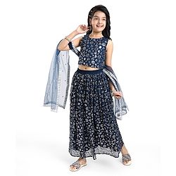 Pine Kids Woven Sleeveless Floral Sequined Choli Lehenga Set With Dupatta - Navy Blue