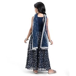 Pine Kids Woven Sleeveless Floral Sequined Choli Lehenga Set With Dupatta - Navy Blue