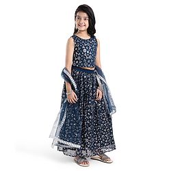 Pine Kids Woven Sleeveless Floral Sequined Choli Lehenga Set With Dupatta - Navy Blue